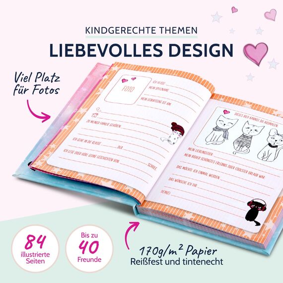 goldbuch 43099 Freundebuch Music for Cats DIN A5, zum Ausfüllen für Freunde, Grundschule, Schule, Kindergarten, Kita, 84 illustrierte Seiten, Einband mit Kunstdruck, laminiert