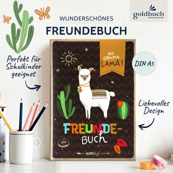 goldbuch 43581 Freundebuch Happylife Lama DIN A5, zum Ausfüllen, Erinnerungsbuch an Freunde, Notizbuch mit 84 illustrierte Seiten, Einband mit Kunstdruck, ca. 15 x 21 x 1,5 cm