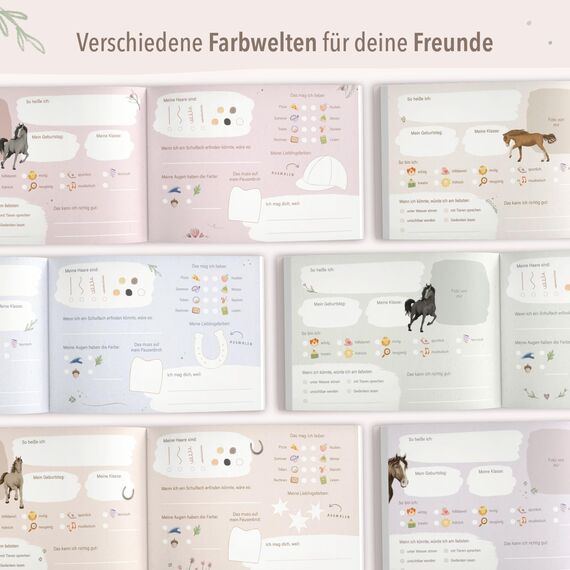 mintkind® Schulfreundebuch Pferde G – Freundebuch Grundschule für Mädchen mit handgemalten Illustrationen, 30 Freundeseiten, Geburtstagskalender, Malrätsel, stabiles Hardcover DIN A5 Querformat