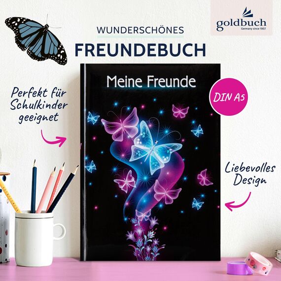 goldbuch 43577 Freundebuch Schmetterling, Freundschaftsbuch DIN A5 mit 88 illustrierte Seiten, für Kita, Hort und Grundschule, für Beste Freunde in der SchulzeitKunstdruck, Schwarz / Pink / Blau 88 mm