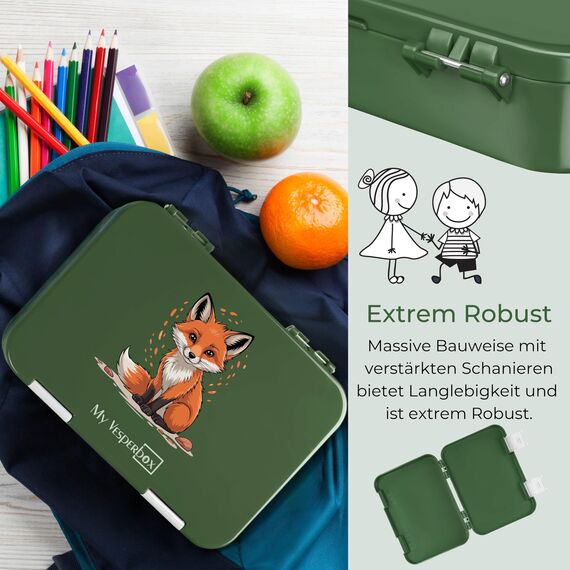 My Vesperbox – Len - Bento Box Kinder - Lunchbox mit 4+2 Fächern - extrem robust – Brotdose – Brotbox ideal für Kindergarten und Schule (Dunkelgrün Wolf)