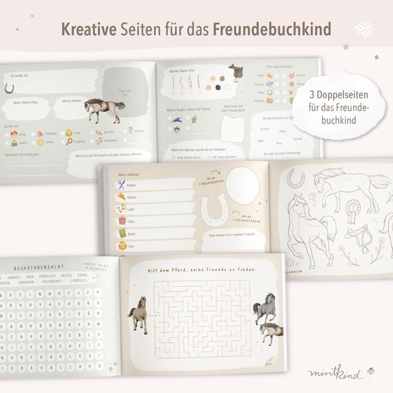 mintkind® Schulfreundebuch Pferde K – Freundebuch Grundschule für Mädchen mit handgemalten Illustrationen, 30 Freundeseiten, Geburtstagskalender, Malrätsel, stabiles Hardcover DIN A5 Querformat