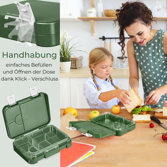 My Vesperbox – Len - Bento Box Kinder - Lunchbox mit 4+2 Fächern - extrem robust – Brotdose – Brotbox ideal für Kindergarten und Schule (Dunkelgrün Fuchs)