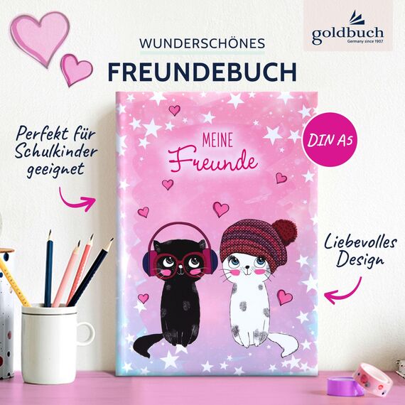goldbuch 43099 Freundebuch Music for Cats DIN A5, zum Ausfüllen für Freunde, Grundschule, Schule, Kindergarten, Kita, 84 illustrierte Seiten, Einband mit Kunstdruck, laminiert