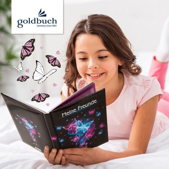 goldbuch 43577 Freundebuch Schmetterling, Freundschaftsbuch DIN A5 mit 88 illustrierte Seiten, für Kita, Hort und Grundschule, für Beste Freunde in der SchulzeitKunstdruck, Schwarz / Pink / Blau 88 mm