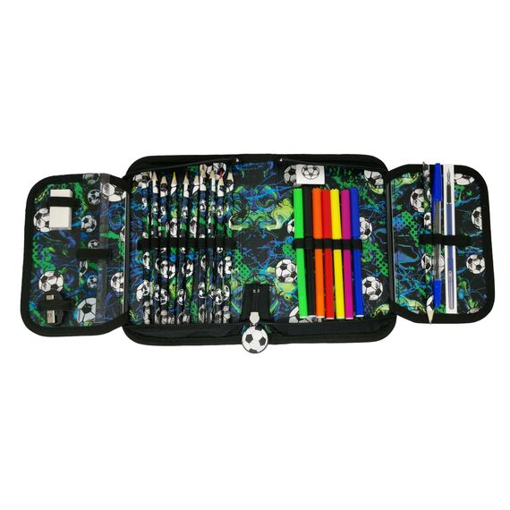 Theonoi Federmäppchen Federtasche Federmappe Mäppchen Etui 2 Fach Doppeldecker Schüleretui Stifteetui GEFÜLLT (Fußballl Fussball)