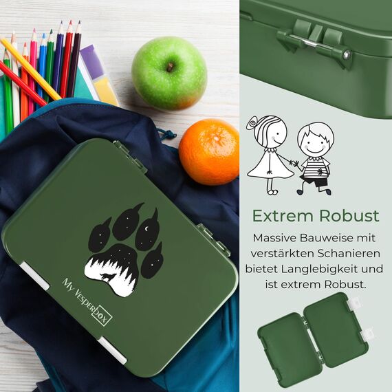 My Vesperbox – Len - Bento Box Kinder - Lunchbox mit 4+2 Fächern - extrem robust – Brotdose – Brotbox ideal für Kindergarten und Schule (Dunkelgrün Fuchs)