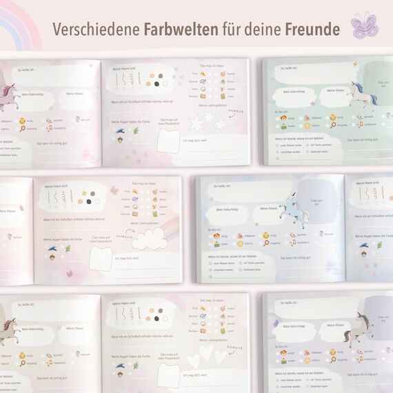 mintkind® Schulfreundebuch Einhorn – Freundebuch Grundschule für Mädchen mit handgemalten Illustrationen, 30 Freundeseiten, Geburtstagskalender, Malrätsel, stabiles Hardcover DIN A5 Querformat