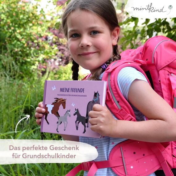mintkind® „Meine Schulfreunde“ Freundebuch Schule Mädchen und Jungen Pferde Design | Freundschaftsbuch Grundschule | Meine Freunde Buch Geschenk zur Einschulung | Schulfreundebuch zum Ausfüllen