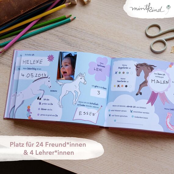 mintkind® „Meine Schulfreunde“ Freundebuch Schule Mädchen und Jungen Pferde Design | Freundschaftsbuch Grundschule | Meine Freunde Buch Geschenk zur Einschulung | Schulfreundebuch zum Ausfüllen