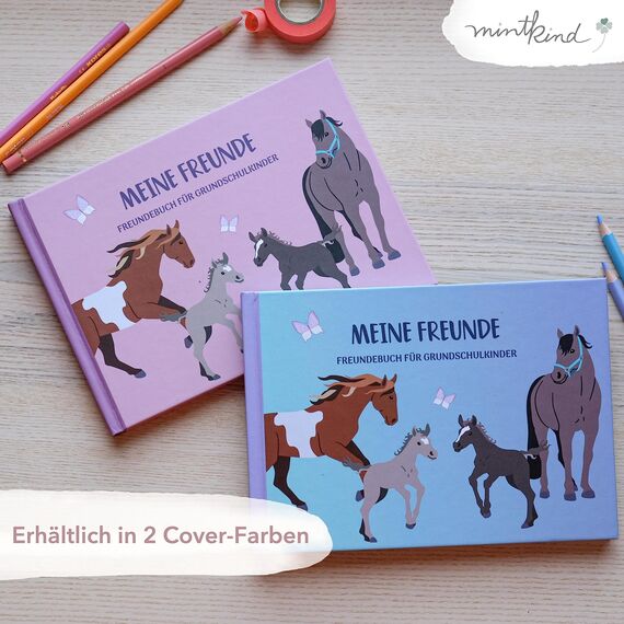 mintkind® „Meine Schulfreunde“ Freundebuch Schule Mädchen und Jungen Pferde Design | Freundschaftsbuch Grundschule | Meine Freunde Buch Geschenk zur Einschulung | Schulfreundebuch zum Ausfüllen