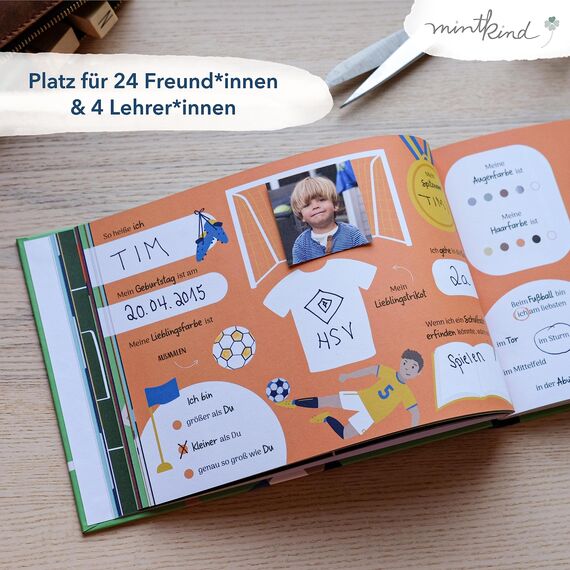mintkind® „Meine Schulfreunde“ Freundebuch Schule Mädchen & Jungen Fußball Design | Freundschaftsbuch Grundschule | Meine Freunde Buch Geschenk zur Einschulung | Schulfreundebuch zum Ausfüllen