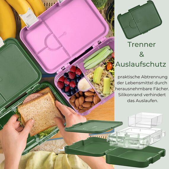 My Vesperbox – Len - Bento Box Kinder - Lunchbox mit 4+2 Fächern - extrem robust – Brotdose – Brotbox ideal für Kindergarten und Schule (Dunkelgrün Fuchs)