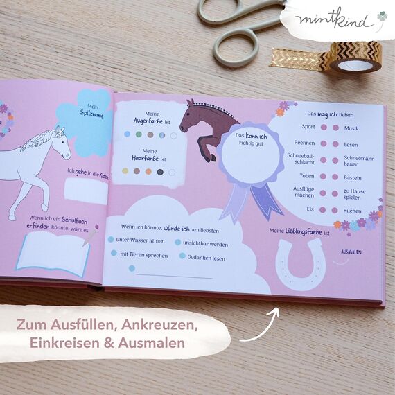 mintkind® „Meine Schulfreunde“ Freundebuch Schule Mädchen und Jungen Pferde Design | Freundschaftsbuch Grundschule | Meine Freunde Buch Geschenk zur Einschulung | Schulfreundebuch zum Ausfüllen