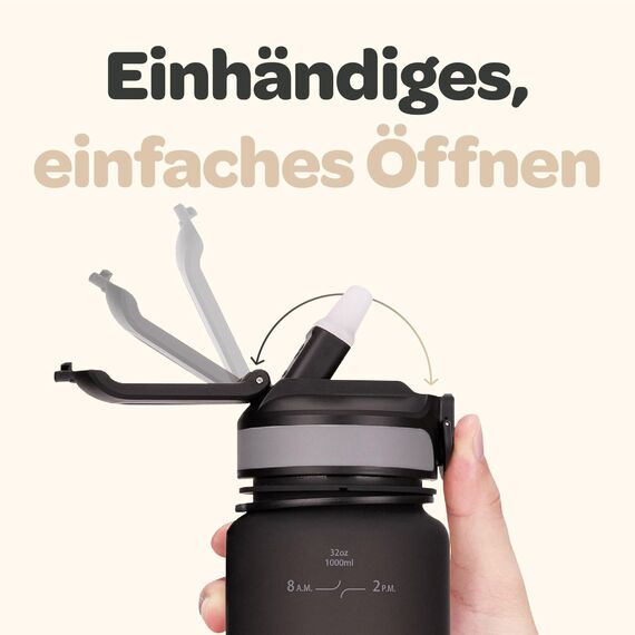 Hydracy Trinkflasche mit Strohhalm und Zeitmarkierung - 1L Wasserflasche - BPA-freie Trinkflasche - Auslaufsichere Sportflasche - Kondensationsfrei für Sport und Outdoor