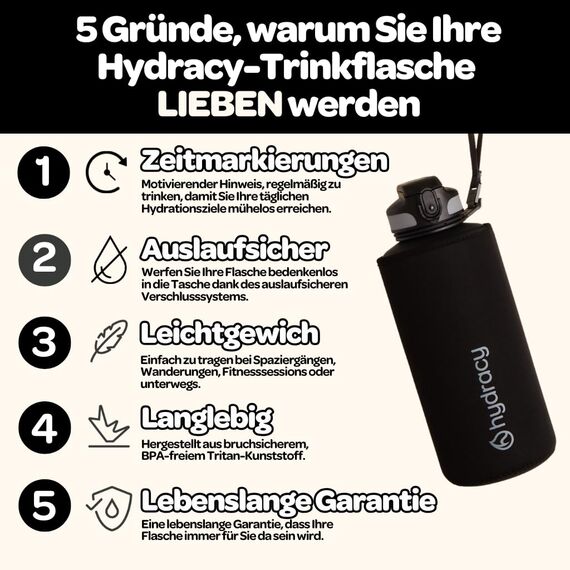 Hydracy Trinkflasche mit Fruchteinsatz - 2L Wasserflasche - BPA-freie Trinkflasche mit Zeitmarkierung Auslaufsichere Sportflasche - Kondensationsfrei für Sport und Outdoor