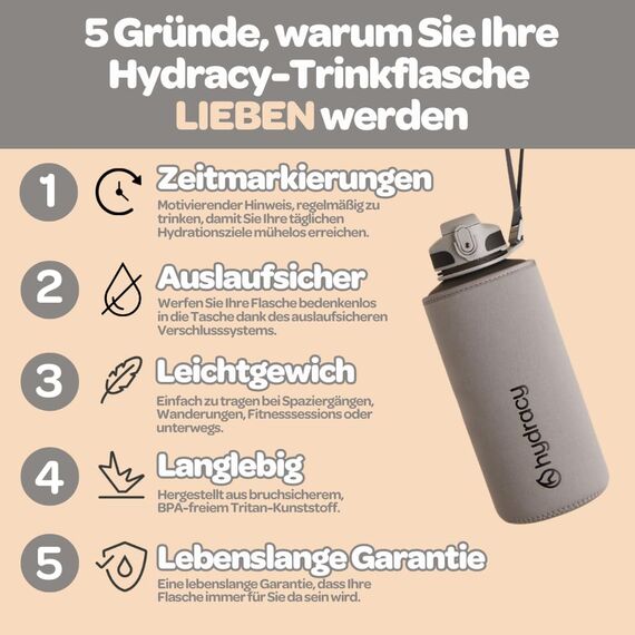 Hydracy Trinkflasche mit Strohhalm und Zeitmarkierung - 2L Wasserflasche - BPA-freie Trinkflasche - Auslaufsichere Sportflasche - Kondensationsfrei für Sport und Outdoor