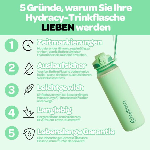 Hydracy Trinkflasche mit Strohhalm und Zeitmarkierung - 1L Wasserflasche - BPA-freie Trinkflasche - Auslaufsichere Sportflasche - Kondensationsfrei für Sport und Outdoor