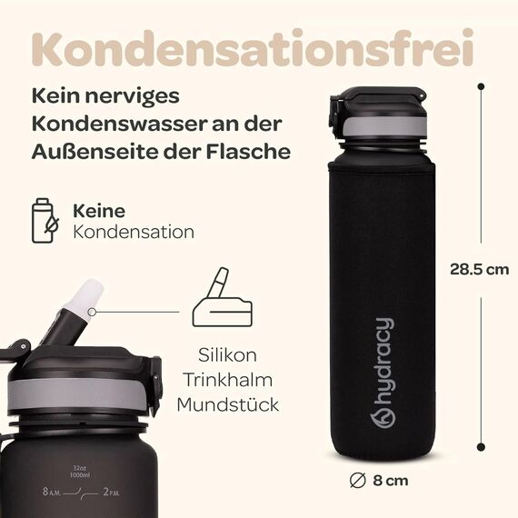 Hydracy Trinkflasche mit Strohhalm und Zeitmarkierung - 1L Wasserflasche - BPA-freie Trinkflasche - Auslaufsichere Sportflasche - Kondensationsfrei für Sport und Outdoor