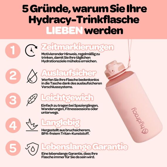 Hydracy Trinkflasche mit Strohhalm und Zeitmarkierung - 2L Wasserflasche - BPA-freie Trinkflasche - Auslaufsichere Sportflasche - Kondensationsfrei für Sport und Outdoor