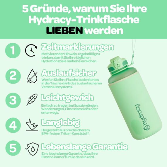 Hydracy Trinkflasche mit Fruchteinsatz - 2L Wasserflasche - BPA-freie Trinkflasche mit Zeitmarkierung Auslaufsichere Sportflasche - Kondensationsfrei für Sport und Outdoor