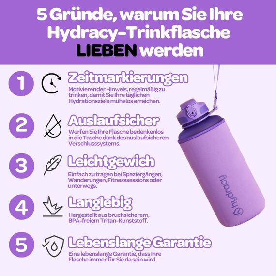 Hydracy Trinkflasche mit Fruchteinsatz - 2L Wasserflasche - BPA-freie Trinkflasche mit Zeitmarkierung Auslaufsichere Sportflasche - Kondensationsfrei für Sport und Outdoor