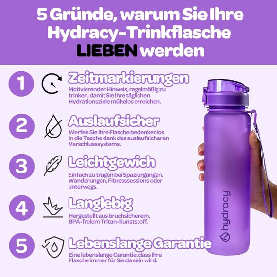 Hydracy Trinkflasche mit Fruchteinsatz - 1L Wasserflasche - BPA-freie Trinkflasche mit Zeitmarkierung Auslaufsichere Sportflasche - Kondensationsfrei für Sport und Outdoor