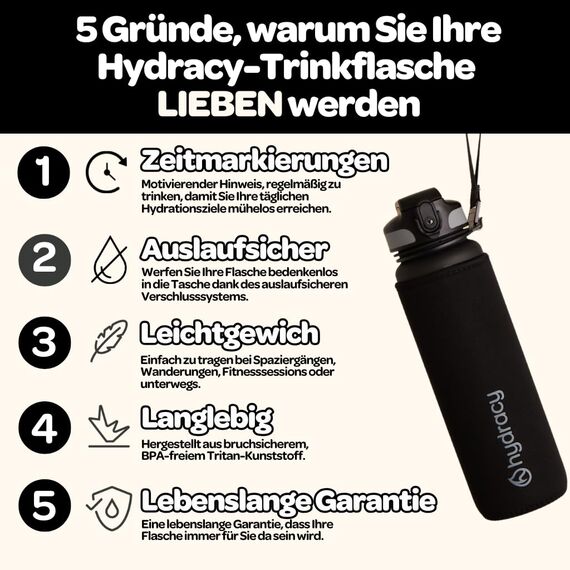 Hydracy Trinkflasche mit Strohhalm und Zeitmarkierung - 1L Wasserflasche - BPA-freie Trinkflasche - Auslaufsichere Sportflasche - Kondensationsfrei für Sport und Outdoor