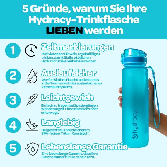 Hydracy Trinkflasche mit Strohhalm und Zeitmarkierung - 1L Wasserflasche - BPA-freie Trinkflasche - Auslaufsichere Sportflasche - Kondensationsfrei für Sport und Outdoor