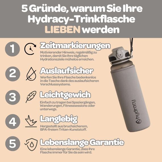Hydracy Trinkflasche mit Fruchteinsatz - 1L Wasserflasche - BPA-freie Trinkflasche mit Zeitmarkierung Auslaufsichere Sportflasche - Kondensationsfrei für Sport und Outdoor