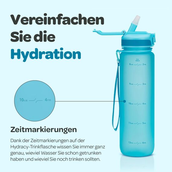 Hydracy Trinkflasche mit Strohhalm und Zeitmarkierung - 1L Wasserflasche - BPA-freie Trinkflasche - Auslaufsichere Sportflasche - Kondensationsfrei für Sport und Outdoor