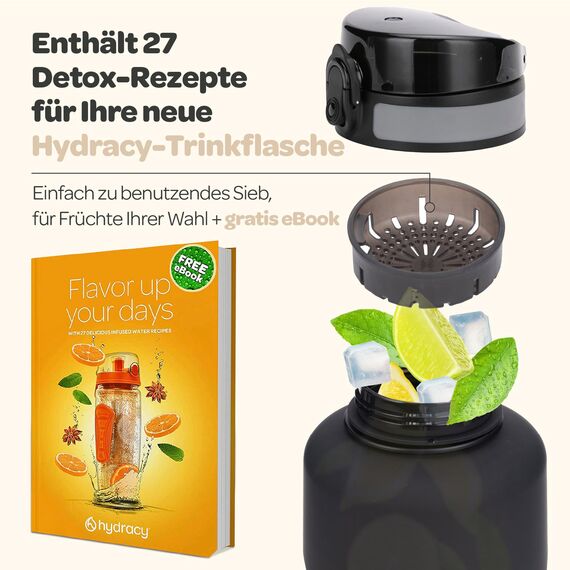 Hydracy Trinkflasche mit Fruchteinsatz - 2L Wasserflasche - BPA-freie Trinkflasche mit Zeitmarkierung Auslaufsichere Sportflasche - Kondensationsfrei für Sport und Outdoor