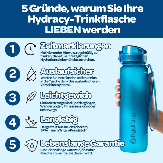 Hydracy Trinkflasche mit Fruchteinsatz - 1L Wasserflasche - BPA-freie Trinkflasche mit Zeitmarkierung Auslaufsichere Sportflasche - Kondensationsfrei für Sport und Outdoor