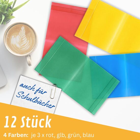 perfect line 12 x Buchumschlag Höhe 26,5 cm (265 mm) x Breite bis 54 cm, Schulbuch-Hülle Extra-Stabil, Buchschoner Glas-Klar, Sparpack (1 Set (12 Stk.) - Bunt)