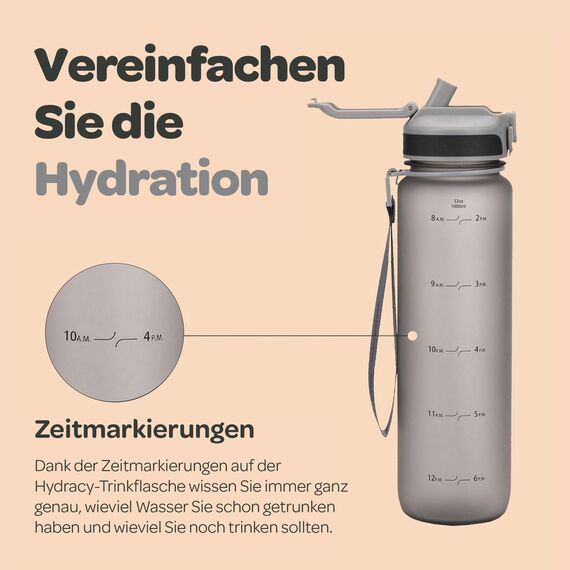 Hydracy Trinkflasche mit Strohhalm und Zeitmarkierung - 1L Wasserflasche - BPA-freie Trinkflasche - Auslaufsichere Sportflasche - Kondensationsfrei für Sport und Outdoor