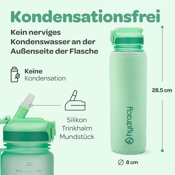 Hydracy Trinkflasche mit Strohhalm und Zeitmarkierung - 1L Wasserflasche - BPA-freie Trinkflasche - Auslaufsichere Sportflasche - Kondensationsfrei für Sport und Outdoor