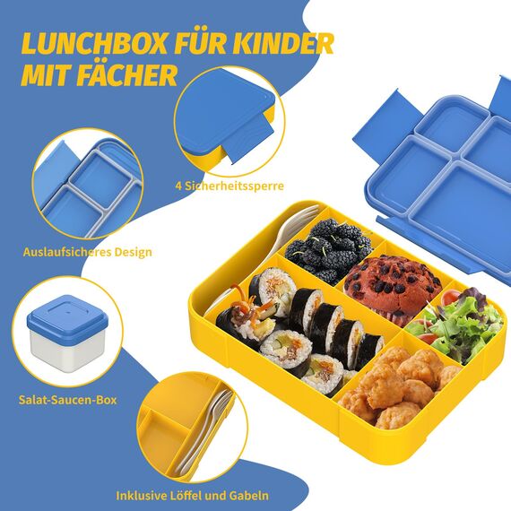 SWVIODMT Brotdose Kinder mit Fächern 1300ml, Lunchbox für Kinder, Bento Box mit 5 Fächern Besteckset, auslaufsichere Lunchbox für Kindergarten, Schule, Picknick, Ausflüge Blau