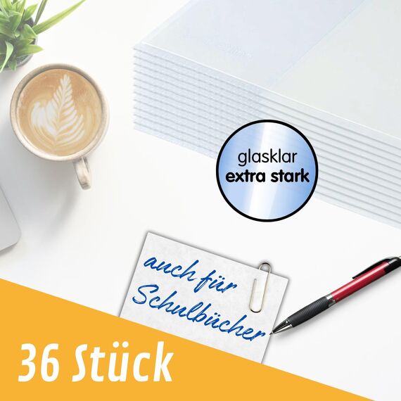 perfect line 36 x Buchumschlag Höhe 26,5 cm (265 mm) x Breite bis 54 cm, Schulbuch-Hülle Extra-Stabil, Buchschoner Glas-Klar, Sparpack (3 Sets á 12 Stk.)