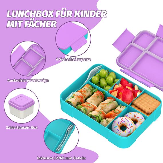 SWVIODMT Brotdose Kinder mit Fächern 1300 ml Lunchbox für Kinder, Auslaufsichere Lunchbox mit 5 Fächern, Snackbox für Mädchen & Jungen, perfekt für Schule, Kindergarten (Macaron Lila)