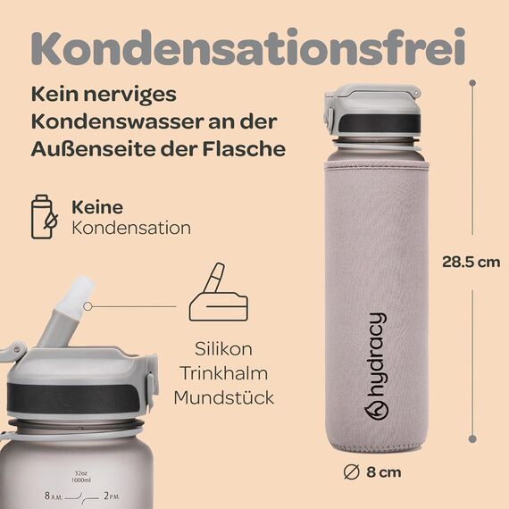 Hydracy Trinkflasche mit Strohhalm und Zeitmarkierung - 1L Wasserflasche - BPA-freie Trinkflasche - Auslaufsichere Sportflasche - Kondensationsfrei für Sport und Outdoor