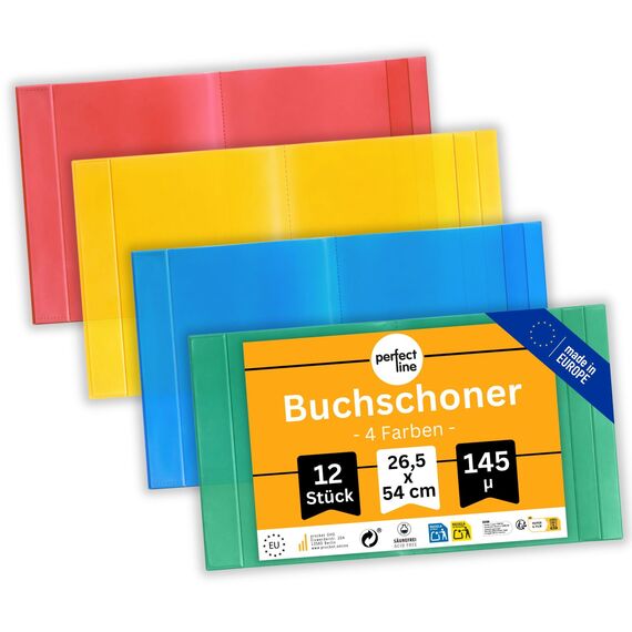 perfect line 12 x Buchumschlag Höhe 26,5 cm (265 mm) x Breite bis 54 cm, Schulbuch-Hülle Extra-Stabil, Buchschoner Glas-Klar, Sparpack (1 Set (12 Stk.) - Bunt)