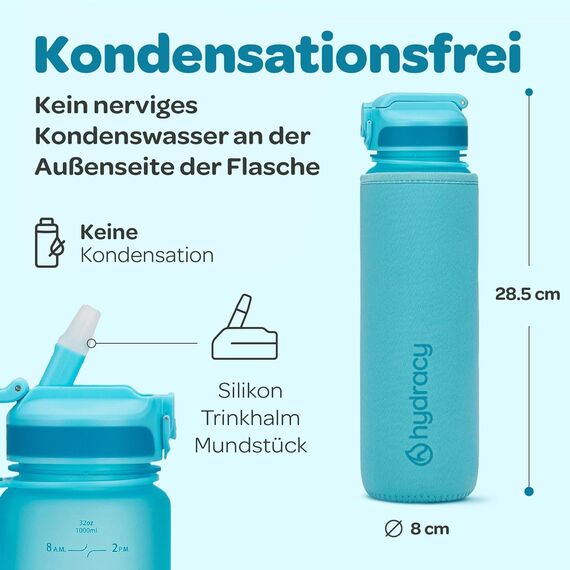 Hydracy Trinkflasche mit Strohhalm und Zeitmarkierung - 1L Wasserflasche - BPA-freie Trinkflasche - Auslaufsichere Sportflasche - Kondensationsfrei für Sport und Outdoor
