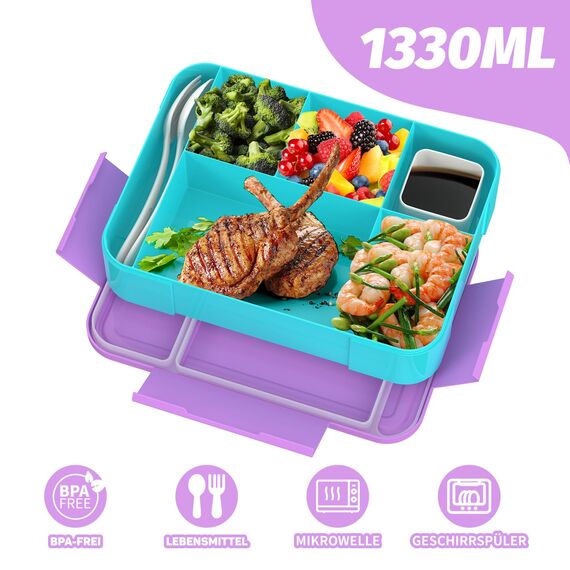 SWVIODMT Brotdose Kinder mit Fächern 1300 ml Lunchbox für Kinder, Auslaufsichere Lunchbox mit 5 Fächern, Snackbox für Mädchen & Jungen, perfekt für Schule, Kindergarten (Macaron Lila)