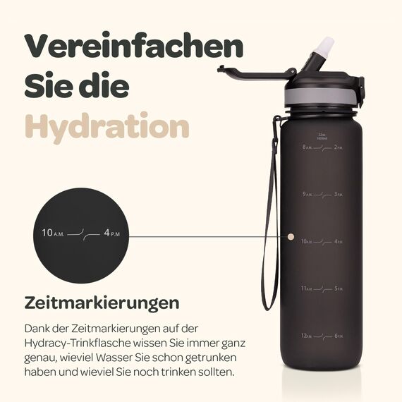 Hydracy Trinkflasche mit Strohhalm und Zeitmarkierung - 1L Wasserflasche - BPA-freie Trinkflasche - Auslaufsichere Sportflasche - Kondensationsfrei für Sport und Outdoor