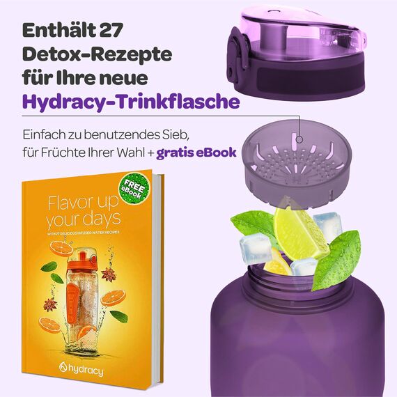 Hydracy Trinkflasche mit Fruchteinsatz - 2L Wasserflasche - BPA-freie Trinkflasche mit Zeitmarkierung Auslaufsichere Sportflasche - Kondensationsfrei für Sport und Outdoor
