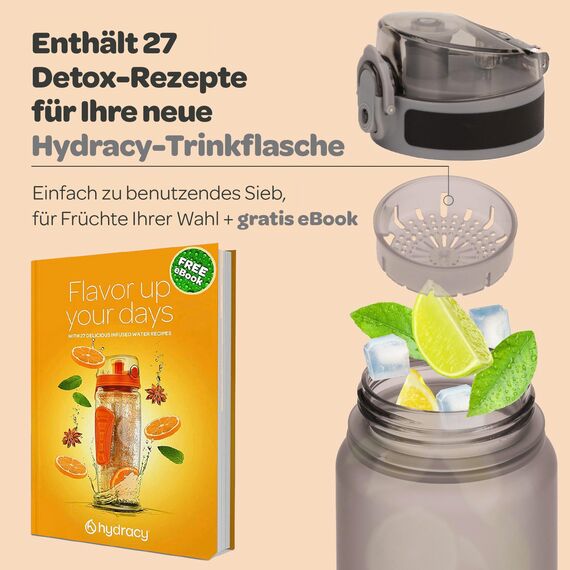 Hydracy Trinkflasche mit Fruchteinsatz - 1L Wasserflasche - BPA-freie Trinkflasche mit Zeitmarkierung Auslaufsichere Sportflasche - Kondensationsfrei für Sport und Outdoor