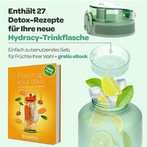 Hydracy Trinkflasche mit Fruchteinsatz - 2L Wasserflasche - BPA-freie Trinkflasche mit Zeitmarkierung Auslaufsichere Sportflasche - Kondensationsfrei für Sport und Outdoor