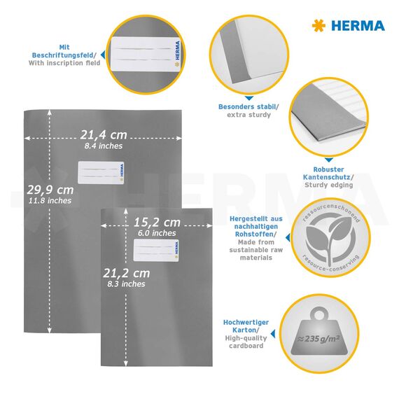 HERMA 20227 Heftumschläge A4 Karton Sortiment, 5 Stück, Hefthüllen mit Beschriftungsfeld aus stabilem & extra starkem Papier, Heftschoner Set für Schulhefte, farbig