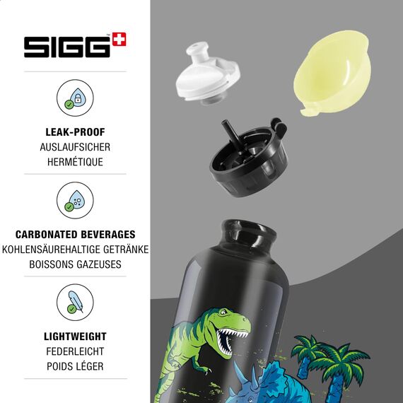 SIGG - Alu Trinkflasche Kinder - KBT Glow Dinosaurs - Leuchtet im Dunkeln - Auslaufsicher & Bruchsicher - Federleicht - BPA-frei - Klimaneutral Zertifiziert - Sport & Schule - Schwarz mit Dinos - 0,3L