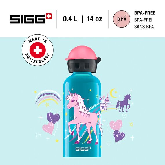 SIGG Bella Unicorn Kinder Trinkflasche (0.4 L), schadstofffreie Kinderflasche mit auslaufsicherem Deckel, federleichte Trinkflasche aus Aluminium